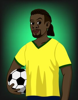 Vector illustration of a football player. He is wearing a yellow shirt. And he holds a soccer ball. It has green and black background.