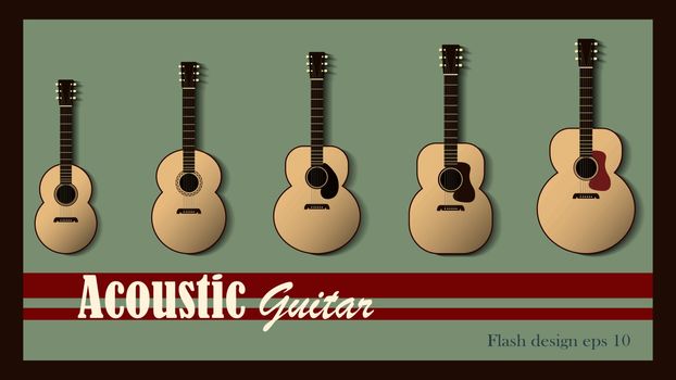 Vector illustration of 5 different acoustic guitars with vintage style background.