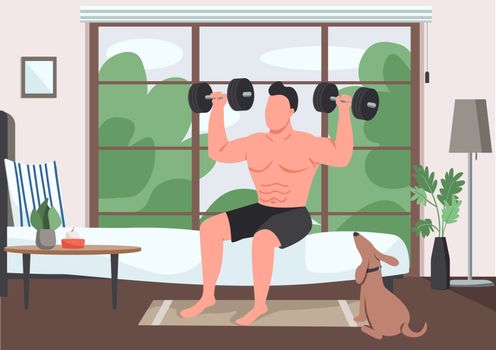 Domestic exercise flat color vector illustration. Bodybuilder lifting dumbbells 2D cartoon character with bedroom on background. Weightlifting, physical training. Workout at home, morning exercise