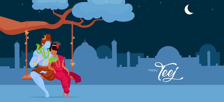 Hindu deity in love flat color vector illustration. Shiva and Parvati sit on traditional swing during night. Folk Nepal legend. Indian sacred couple 2D cartoon characters with cityscape on background