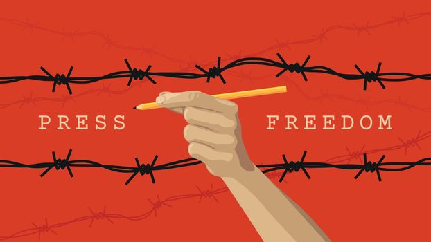 Detailed flat vector illustration of a hand holding a pen between layers of barbed wires. World Press Freedom Day.