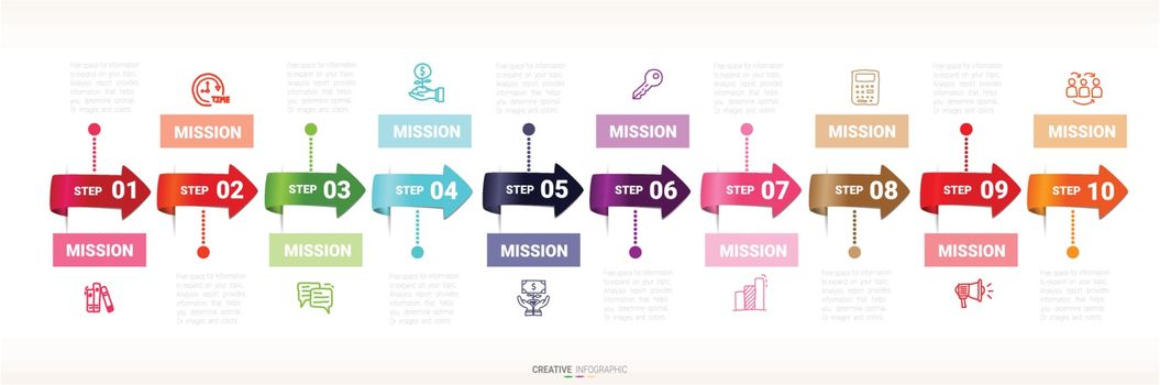 Timeline Infographics Template, Vector infographics timeline design template with 10 label, Vector. can be used for workflow layout, diagram, number step up options.