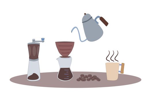 Drip coffee set. Equipment for drip coffee.  Vector illustration in flat style.