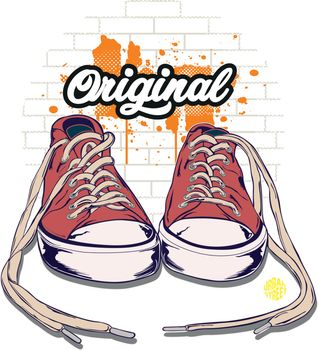 orginal sneakers with ia brick background.
