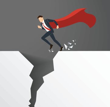 businessman with cape overcome obstacle crisis risk concept