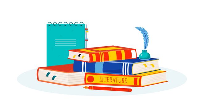 Literature flat concept vector illustration. Books reading. Creative writing. School subject. Storytelling study metaphor. Textbooks stack, notepad and inkwell 2D cartoon objects