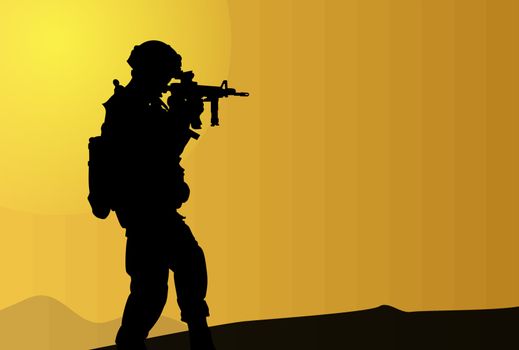 Silhouette drawing. Soldier with a gun on the background of the morning dawn.