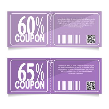 Design a coupon for a discount of 60 and 65 percent. Sale icon, shopping concept