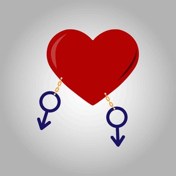Two symbols of masculinity are connected by a chain to the heart