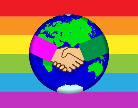 Handshake on the background of the globe. Rainbow background in LGBT colors