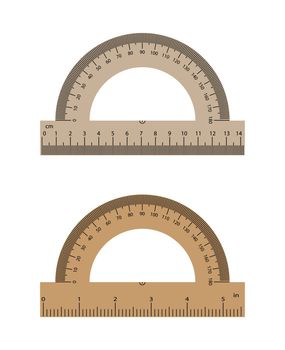 Realistic protractor with a realistic ruler of 14 centimeters and 5 inches. Set of protractors. 