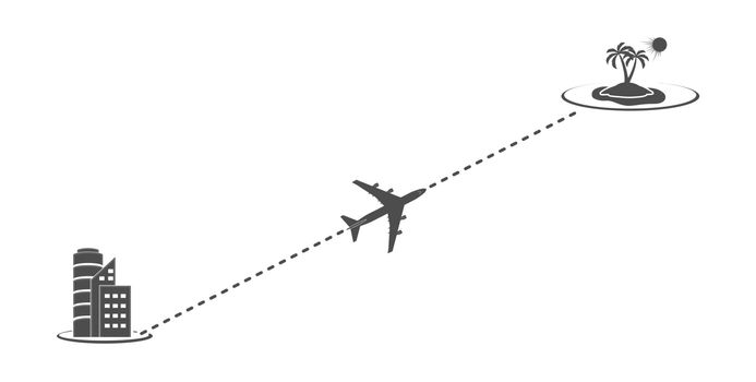 Icon of the way of the plane from the city to the sea on vacation. The route of the aircraft. Flat simple design.