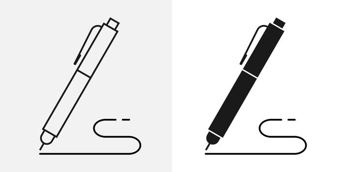 Pen icon with a line. Linear and filled options. Flat design.