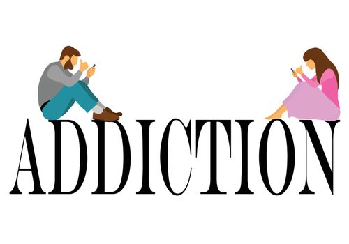 Internet social network addiction problem illustration. Two young people using mobile phones sit on the label. White isolated background.