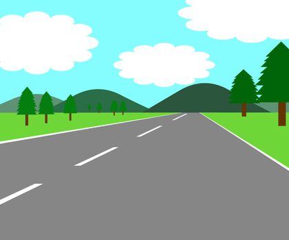 Illustration of a road on both sides of a meadow and trees.