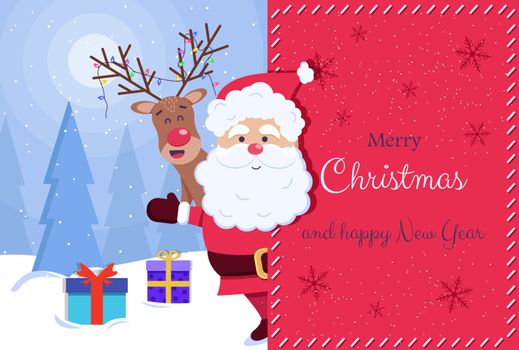 Merry Christmas and Happy New Year Greeting Card. Santa and deer. Vector