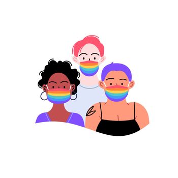 People of different ethnicities wearing face masks standing together. Pride month concept