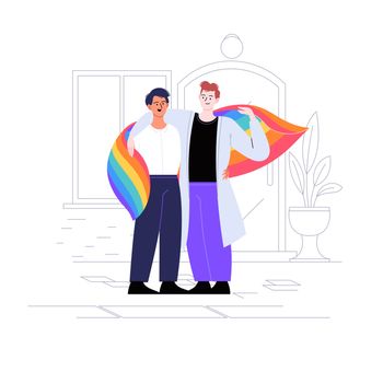 Gay couple standing on the street holding a rainbow flag. Pride month concept