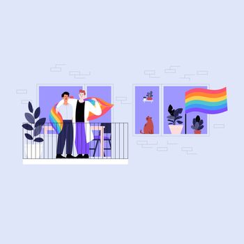 Gay couple standing on the balcony holding pride flag. Pride month at home