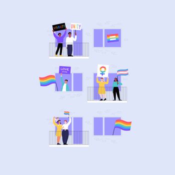 Different people standing on the balconies holding pride flags and banners. Pride month at home