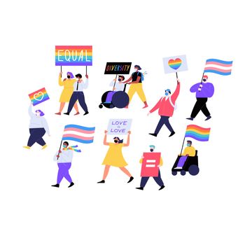 Different people wearing face masks marching on the pride parade holding placards and flags. Pride month during covid-19 pandemic