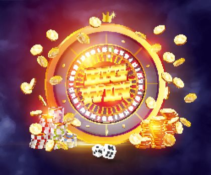 The word Big Win, surrounded by a roulette frame and attributes of gambling, on the podium, on a explosion coins, on transparent background. The new, best design of the luck banner, for casino