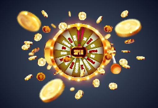 Vector illustration spinning fortune wheel on explosion of gold coins background. Realistic 3d lucky roulette.