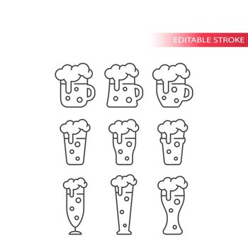 Beer mugs and glasses outline, editable stroke icons