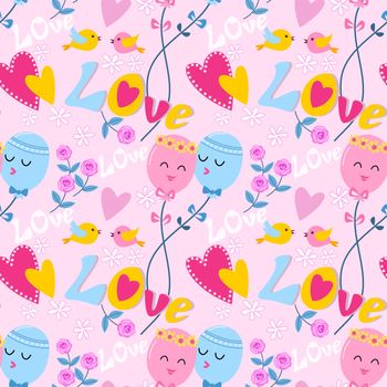 Seamless Valentines background with cute balloon, heart shape and rose flowers.