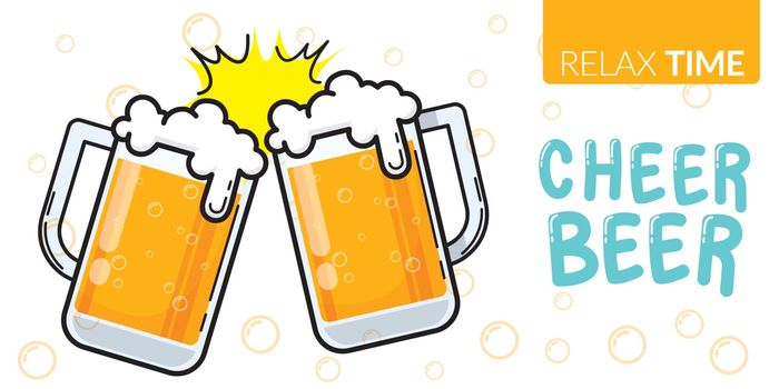 vector of two glass of beer clinking for celebration party with text relax time, cheer beer