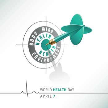 April 7 - World Health Day. Health concept. Azure dart hitting center of Target. Vector illustration isolated on white background.
