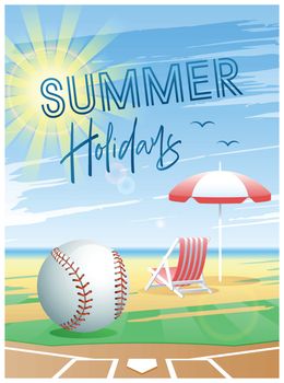 Summer Holidays. Summer Sports card. Baseball ball with deck chair and beach umbrella on the beach background. Vector illustration.