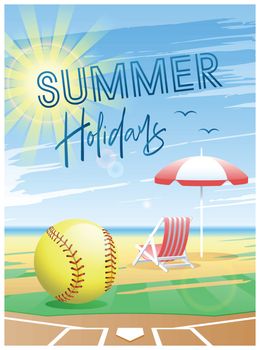 Summer Holidays. Sports card. Softball ball with deck chair and beach umbrella on the beach background. Vector illustration.