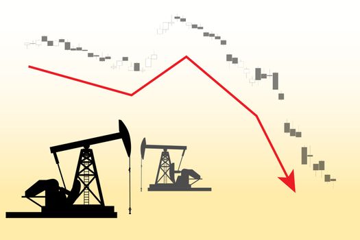 Oil crisis vector illustration with derrick silhouettes and stock market down curve