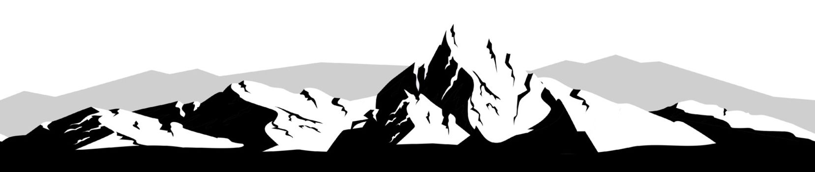 Mountain landscape black silhouette seamless border. Snowy peak monochrome vector illustration. Snow rock decorative ornament design. Wild nature scenery repeating pattern