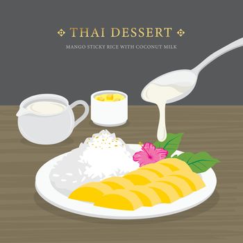 Thai Dessert, Mango and sticky rice with coconut milk and mango sauce. Cartoon Vector illustration