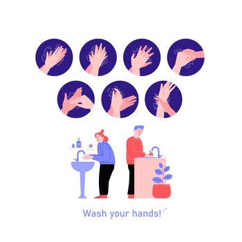 Illustrated step by step instruction how to wash your hands properly. Covid-19 hands hygene instruction. A woman washing hands