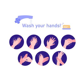 Illustrated step by step instruction how to wash your hands properly. Covid-19 hands hygene instruction.