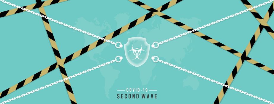 Second wave of coronavirus or Covid-19 is more hazardous concept. Design by biohazard sign lock down shield with chains, warning or caution tapes on the world map for website or printing. Vector illustration