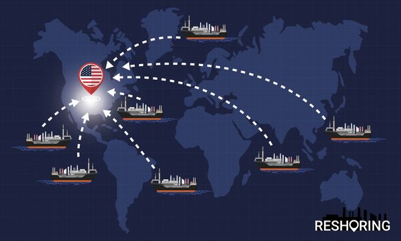 Reshoring concept. Factories companies return to USA. Self-sufficiency. Automated supply chain. Avoid production chain disruption. Design by freighter carry factory to moving on world map. Vector illustration