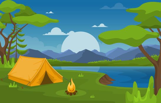 Camping Adventure Outdoor Park Lake Nature Landscape Cartoon Illustration