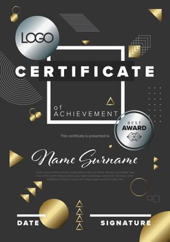 Modern dark certificate of achievement template with place for your content - abstract geometry graphic shapes with golden and silver accent
