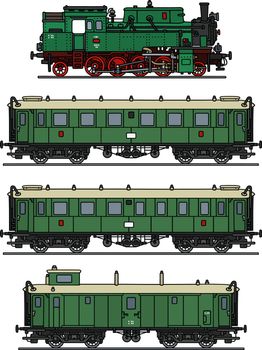 Hand drawing of a classic green steam train