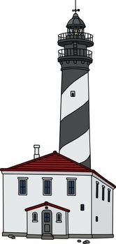 Hand drawing of a classic stone building and black and white lighthouse