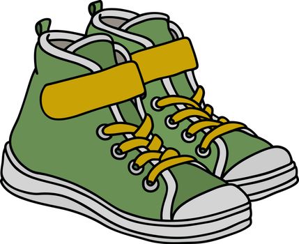 Hand drawing of green and yellow childrens sport shoes