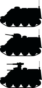 Hand drawing of three black silhouettes of old small armored tracked vehicles
