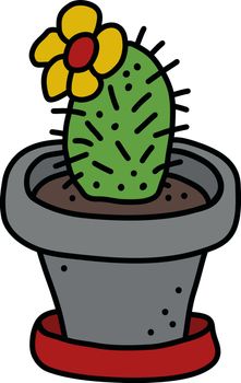 The vectorized hand drawing of a cactus in the gray flowerpot