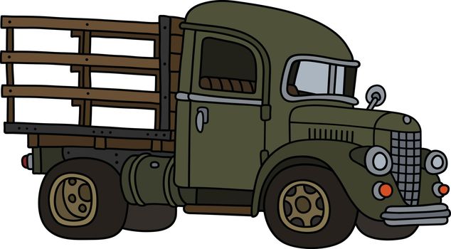The vectorized hand drawing of a vintage green lorry truck
