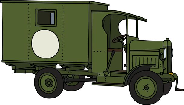 The vectorized hand drawing of a vintage military ambulance truck