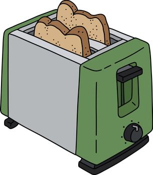 The vectorized hand drawing of a green and steel electric toaster